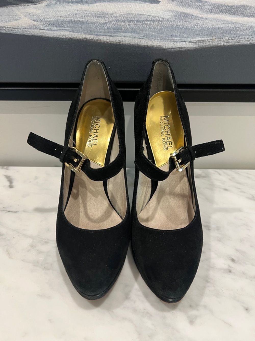 Michael Kors Black Suede Mary Jane Heels with Gold Buckle